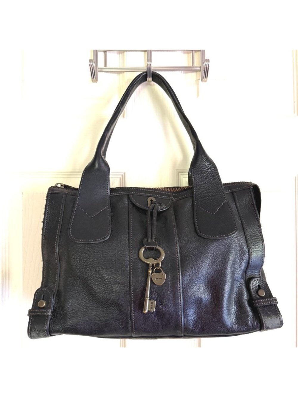 Fossil vintage revival weekender large black leather satchel handbag